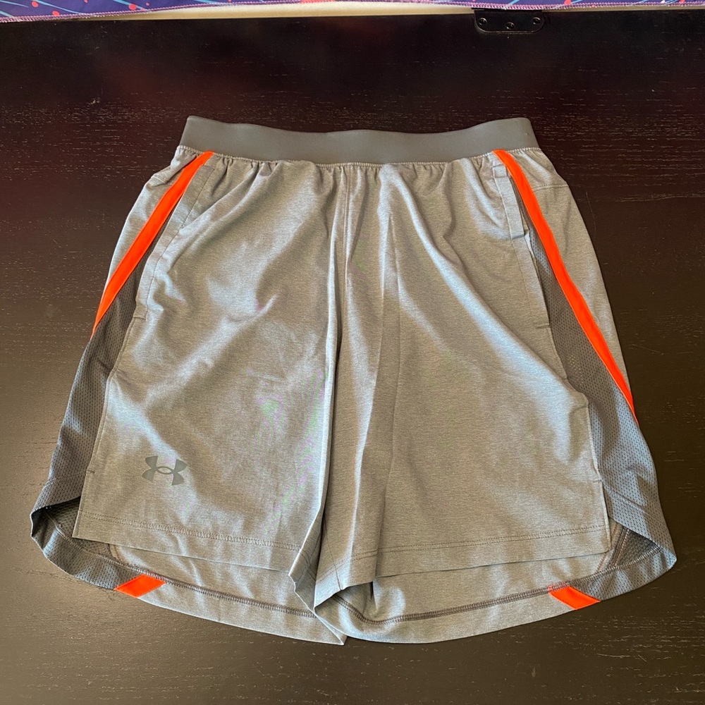Under Armour Men’s Gray Athletic Shorts with Orange Accents